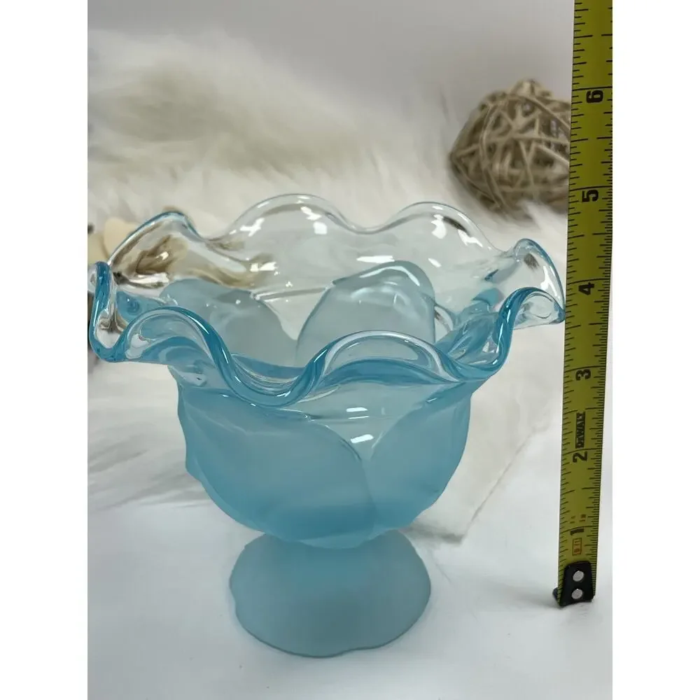 Vintage Viking Glass Cabbage Leaf Compote Bowl with Blue Frosted Finish 4